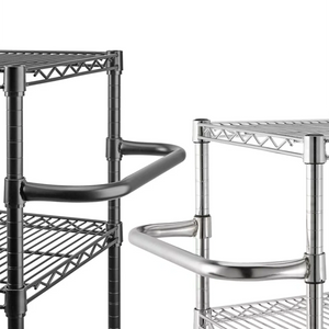 Phoenix wire shelving handles in black epoxy and chrome finishes, shown mounted on wire shelving units