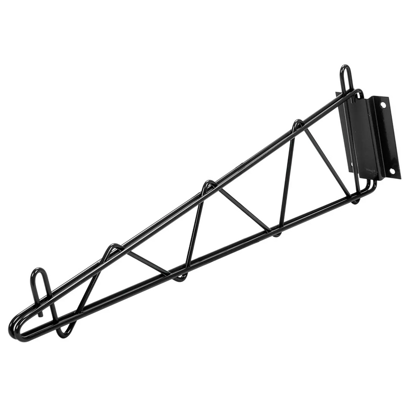 Phoenix black epoxy wire shelving wall bracket with triangular truss and mounting plate, side view