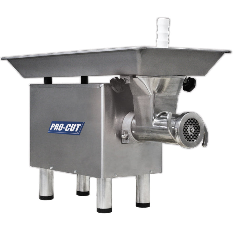 Pro-Cut KG-22W-SS size 22 meat grinder in stainless steel with large feeding pan, grinder head and stomper, angled view