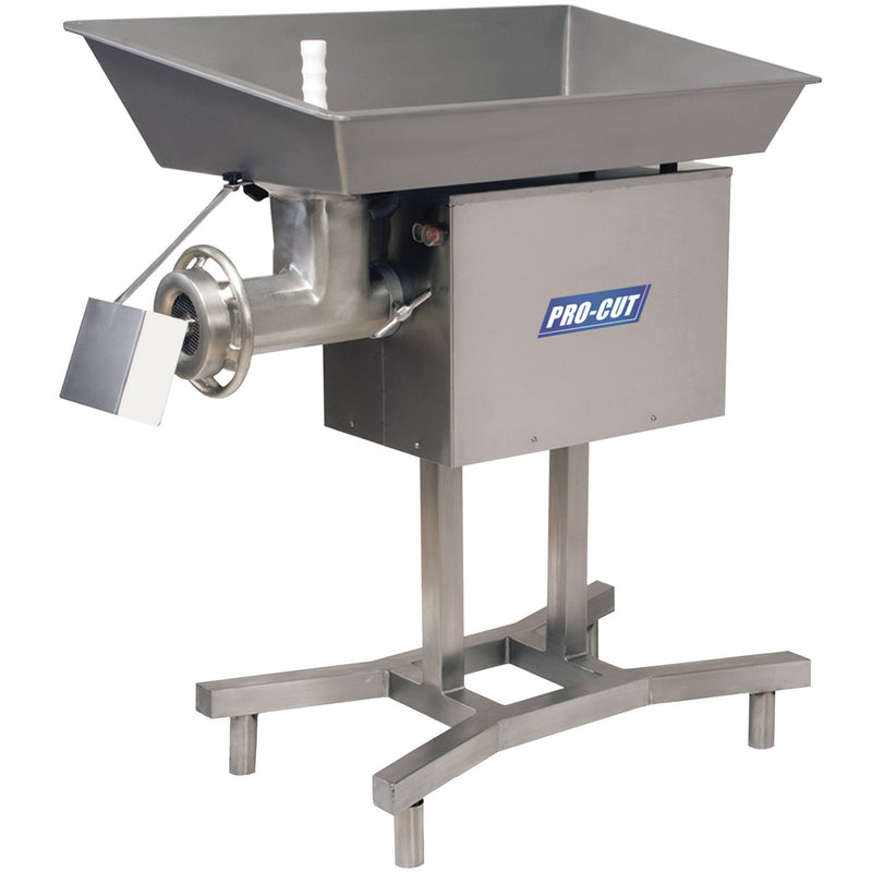 Pro-Cut KG-32-XP size 32 meat grinder in stainless steel with large 38 x 25 inch feeding pan on a tall stand, angled