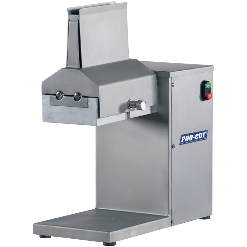 Pro-Cut KT-8 meat tenderizer in stainless steel with top feed chute, green power switch and bottom tray, angled view