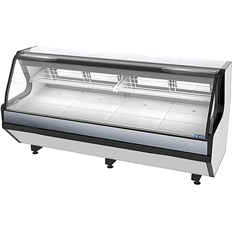 Pro-Kold MCRU-100-W curved glass 99 inch refrigerated fresh meat display case, white with black trim, angled front view