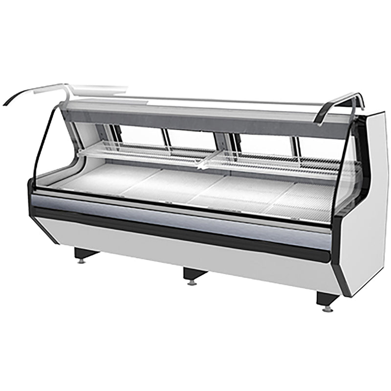 Pro-Kold MCRU-100-WL curved glass 99 inch refrigerated fresh meat case with front lift glass raised, angled view