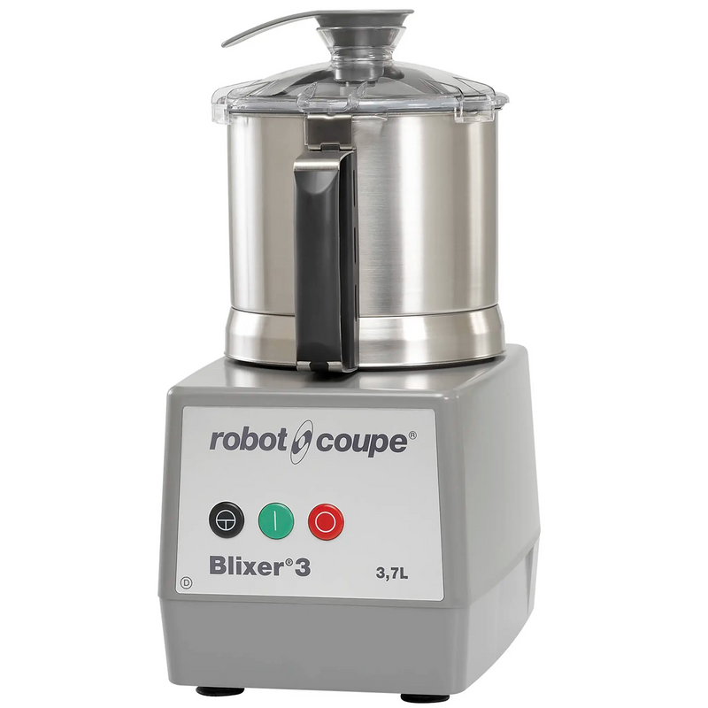 Robot Coupe BLIXER 3 bowl food processor with 3.9 qt stainless steel bowl, clear lid and grey base, front view