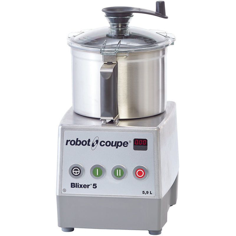 Robot Coupe BLIXER 5 bowl food processor with 5.8 qt stainless steel bowl, lid scraper and digital timer, front view