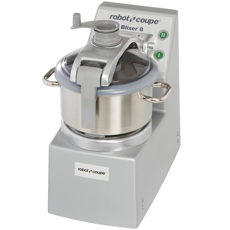 Robot Coupe BLIXER 8 bowl food processor with 8.5 qt stainless steel bowl, clamp arms and grey base, angled view