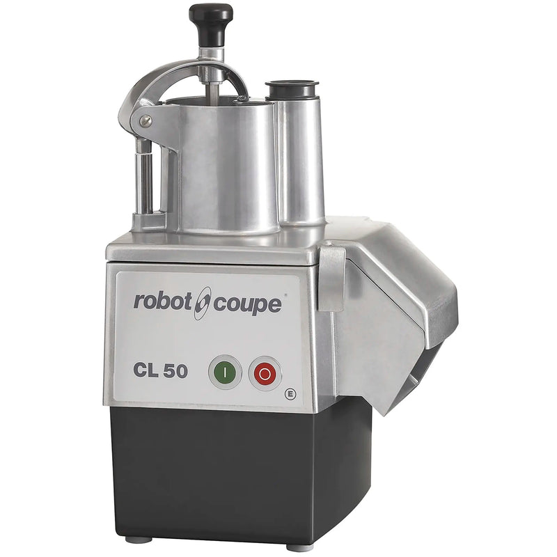 Robot Coupe CL50E continuous feed food prep machine, stainless steel head on black base with side outlet, front view