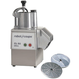 Robot Coupe CL50E ULTRA continuous feed food prep machine, all stainless steel body shown with two discs, angled view