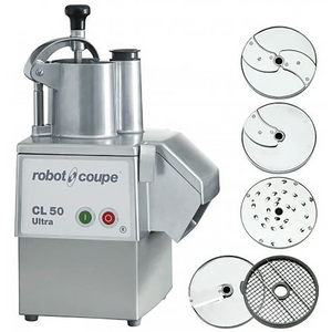 Robot Coupe CL50E ULTRA PIZZA continuous feed food prep machine, stainless steel, shown with five cutting discs