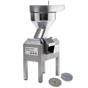 Robot Coupe CL60B continuous feed food prep machine with large bulk feed hopper on stainless steel stand, side view