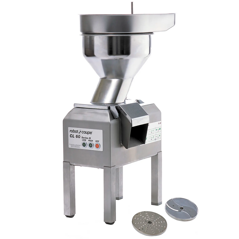 Robot Coupe CL60B continuous feed food prep machine with large bulk feed hopper on stainless steel stand, side view