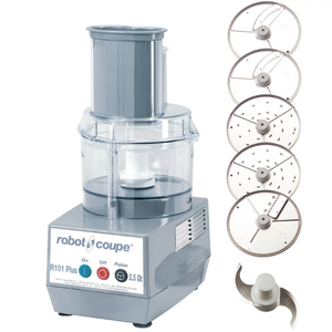 Robot Coupe R101P PLUS food prep and bowl cutter combo with clear 2 qt bowl, feed head and five slicing discs