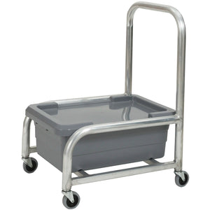 Robot Coupe R198 aluminum food tray cart with grey tub, clear lid, tall push handle and casters, angled view