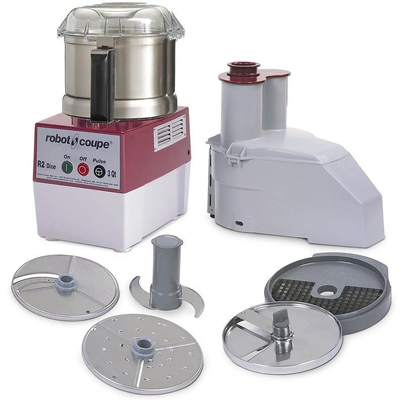 Robot Coupe R2 DICE ULTRA food processor with stainless steel bowl, veg prep attachment, dicing grid and discs