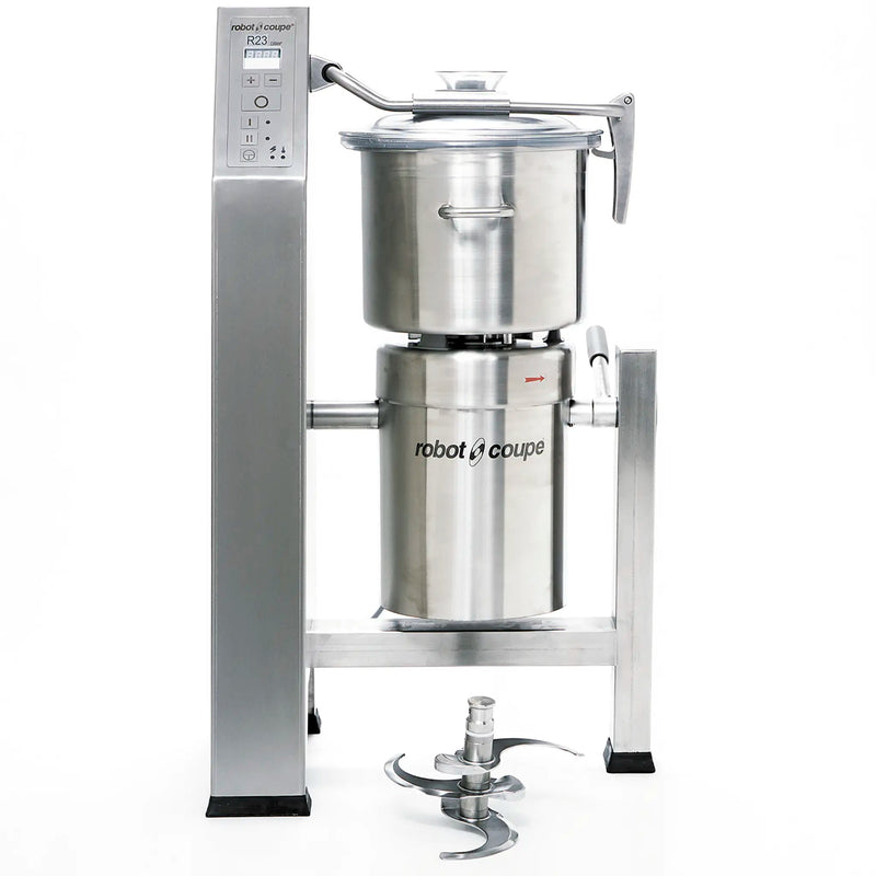 Robot Coupe R23T floor model bowl cutter mixer with 24.3 qt stainless steel bowl on column stand, blade shown below