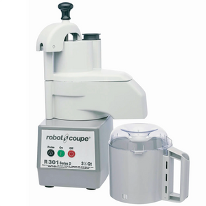 Robot Coupe R301 food prep and bowl cutter combo, grey base with veg prep lid attached and 3.9 qt bowl beside it