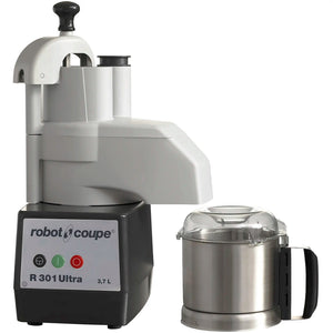 Robot Coupe R301 ULTRA food prep and bowl cutter combo, black base with veg prep head and 3.9 qt stainless steel bowl
