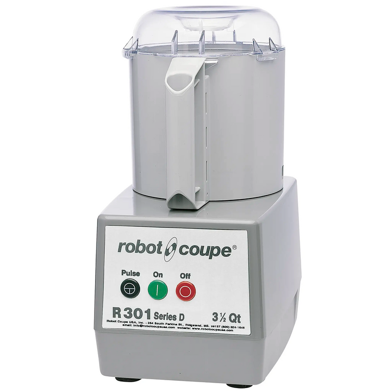 Robot Coupe R301B bowl cutter food processor, grey base with 3.9 qt bowl and clear lid, front view