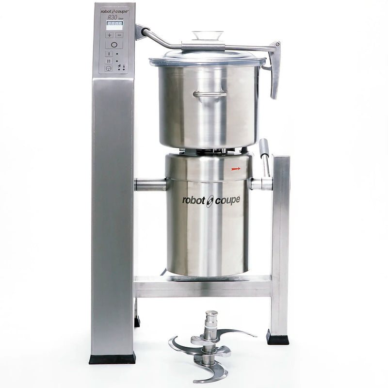 Robot Coupe R30T floor model bowl cutter mixer with 29.6 qt stainless steel bowl on column stand and blade assembly