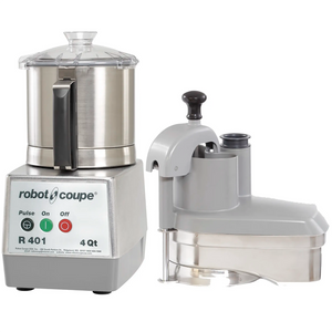 Robot Coupe R401 food prep and bowl cutter combo with stainless steel 4.8 qt bowl and veg prep attachment beside it