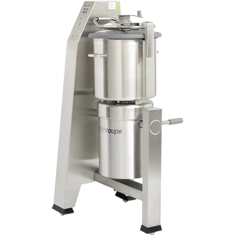 Robot Coupe R45T floor model bowl cutter mixer with 47.6 qt stainless steel bowl on a tilting column stand, angled