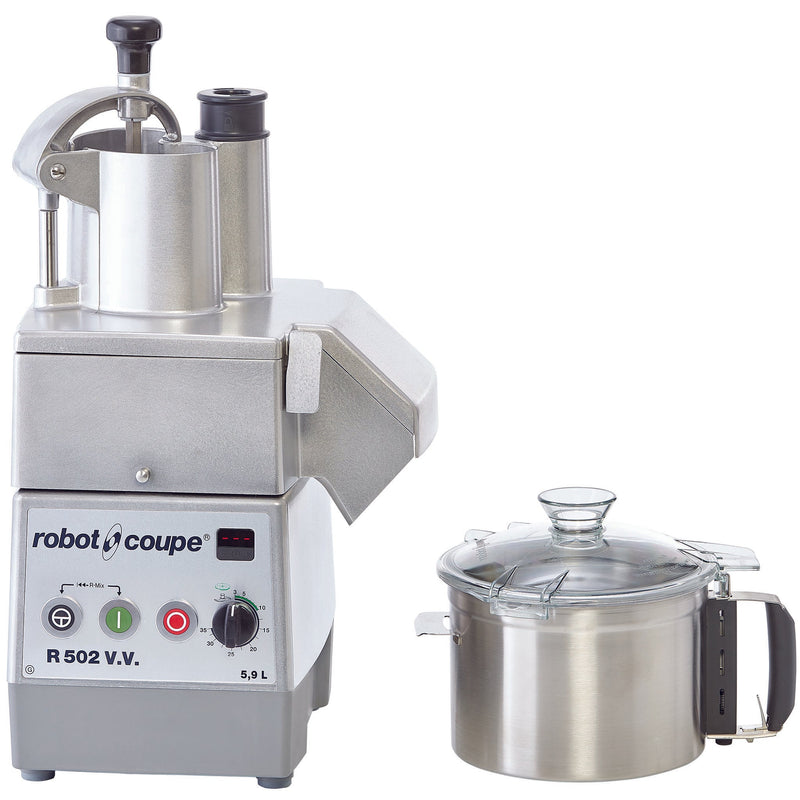 Robot Coupe R502VV food prep and bowl cutter combo with veg prep head on base and 6.2 qt stainless steel bowl beside