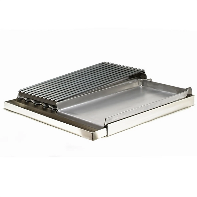 Rocky Mountain MGB24SS-8 universal add on 12-inch griddle and 12-inch charbroiler combo side by side on one base