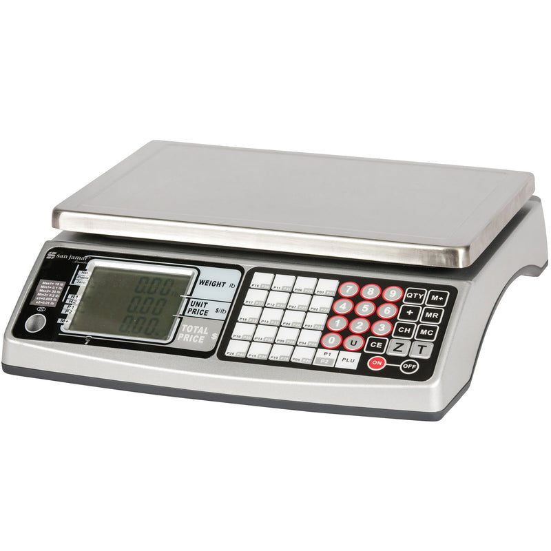San Jamar Escali SCDG30LFT stainless steel price computing scale with LCD displays and numeric keypad, front view