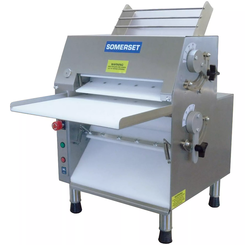 Somerset CDR-1550 double pass dough sheeter with 15-inch rollers, stainless steel body with side adjustment levers