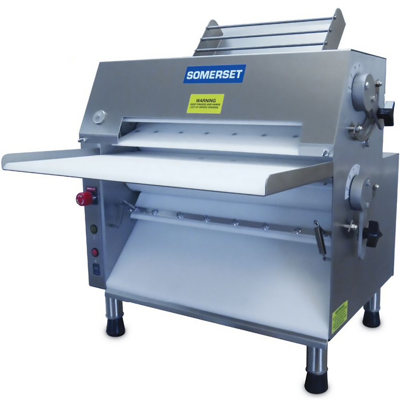 Somerset CDR-2000 double pass dough sheeter with 20-inch rollers, stainless steel body and white dough trays, angled view