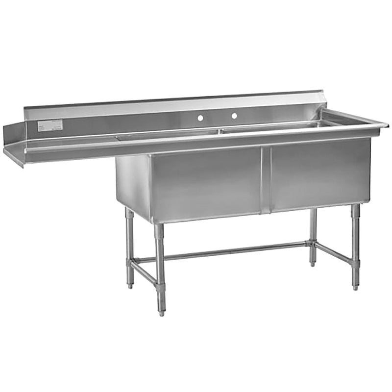 Thorinox double basin dish washing sink in stainless steel with left and right drainboards and splash, angled from right