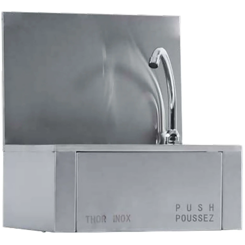 Thorinox TKS-1 knee-operated hand sink in stainless steel with gooseneck faucet, backsplash and knee push panel