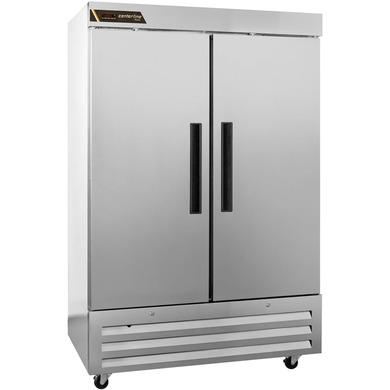 Traulsen Centerline CLBM-49R-FS-LR 54-inch two solid door stainless steel reach-in refrigerator on casters, front view