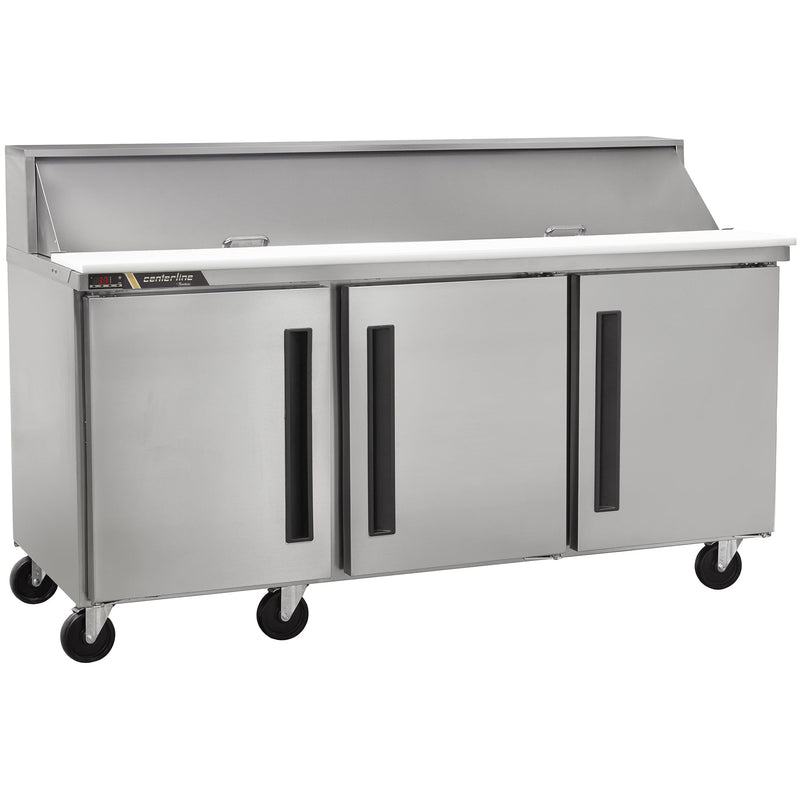 Traulsen Centerline CLPT-7220 72-inch three door stainless steel refrigerated sandwich prep table on casters