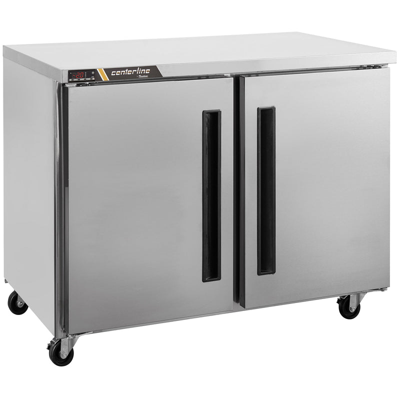 Traulsen Centerline CLUC-36F 36-inch two door stainless steel freezer work table on casters, angled front view