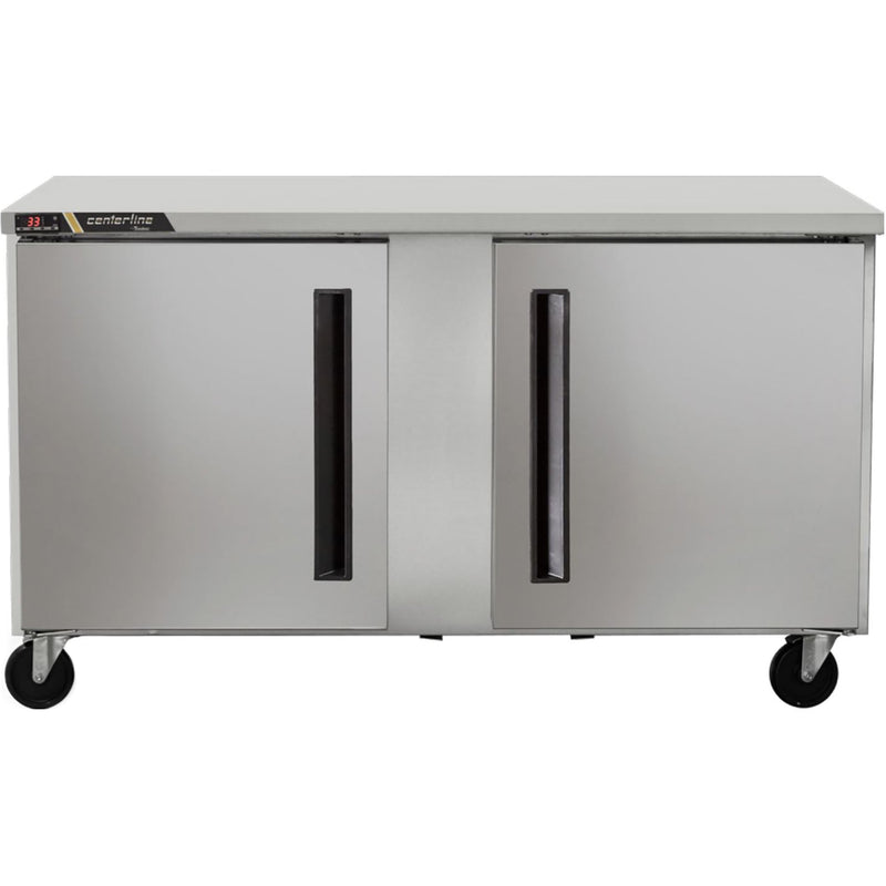 Traulsen Centerline CLUC-60R 60-inch two door stainless steel refrigerated work table on casters, front view