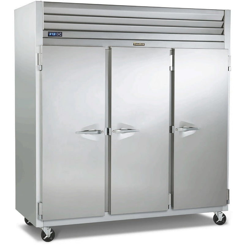 Traulsen G-Series G30010 76-inch three solid door stainless steel reach-in refrigerator with doors closed, angled view