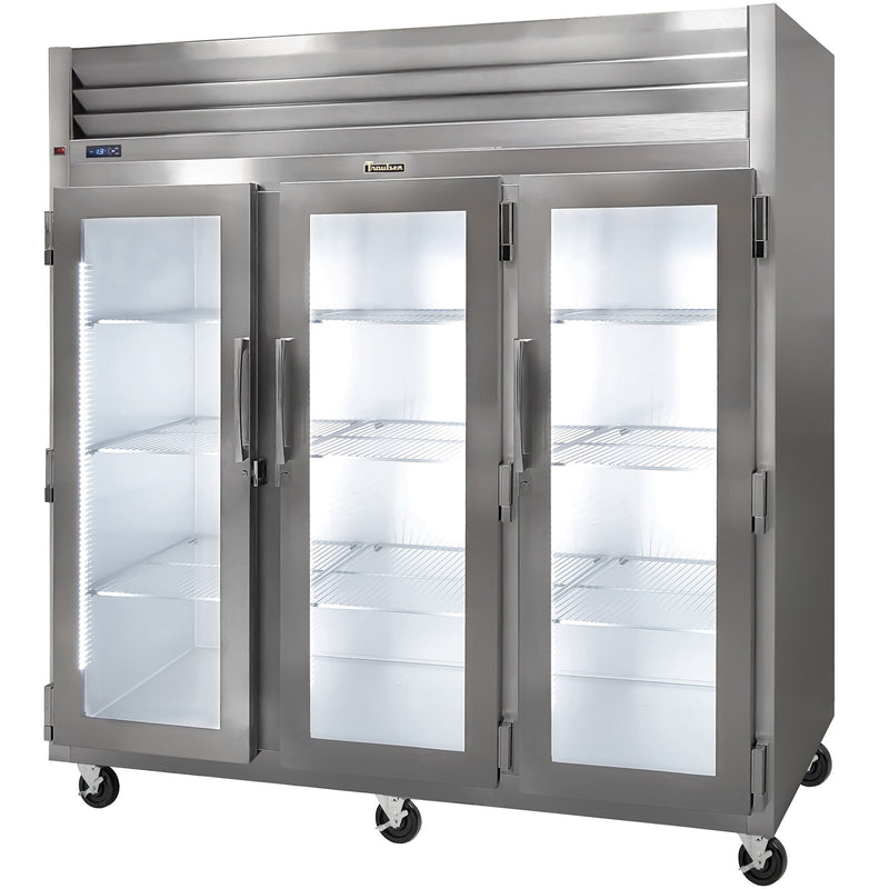 Traulsen G-Series G32010-043 76-inch three glass door stainless steel reach-in refrigerator on casters, front view