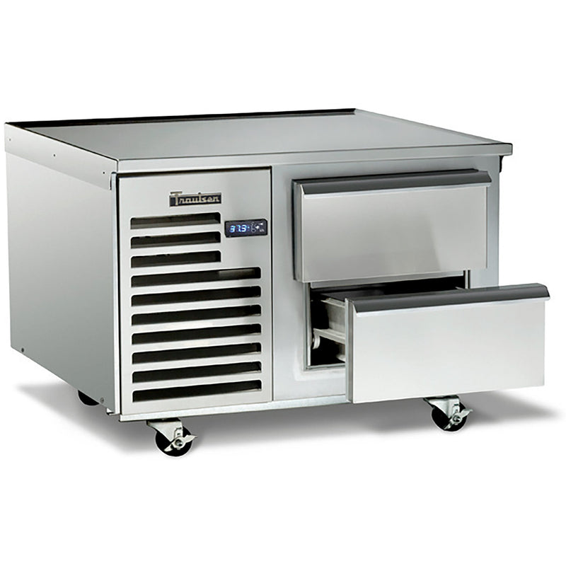 Traulsen TE048HT 48-inch stainless steel refrigerated chef base with two drawers, bottom drawer shown open
