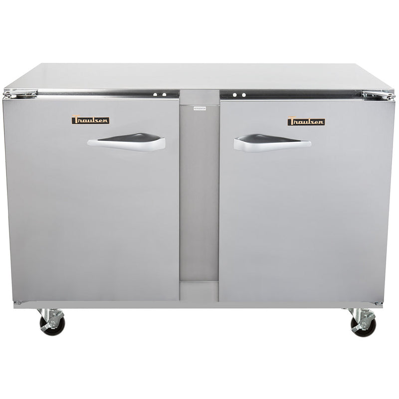 Traulsen UHT48-LR 48-inch two door stainless steel undercounter refrigerator on casters, angled front view