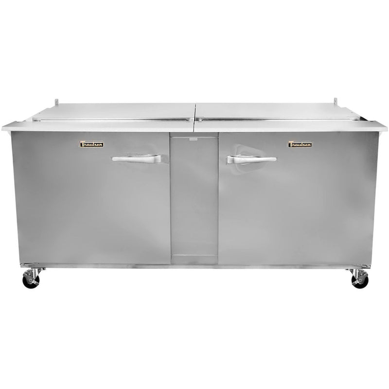 Traulsen UST7230-LR 72-inch two door stainless steel mega top sandwich prep table with lids closed, front view