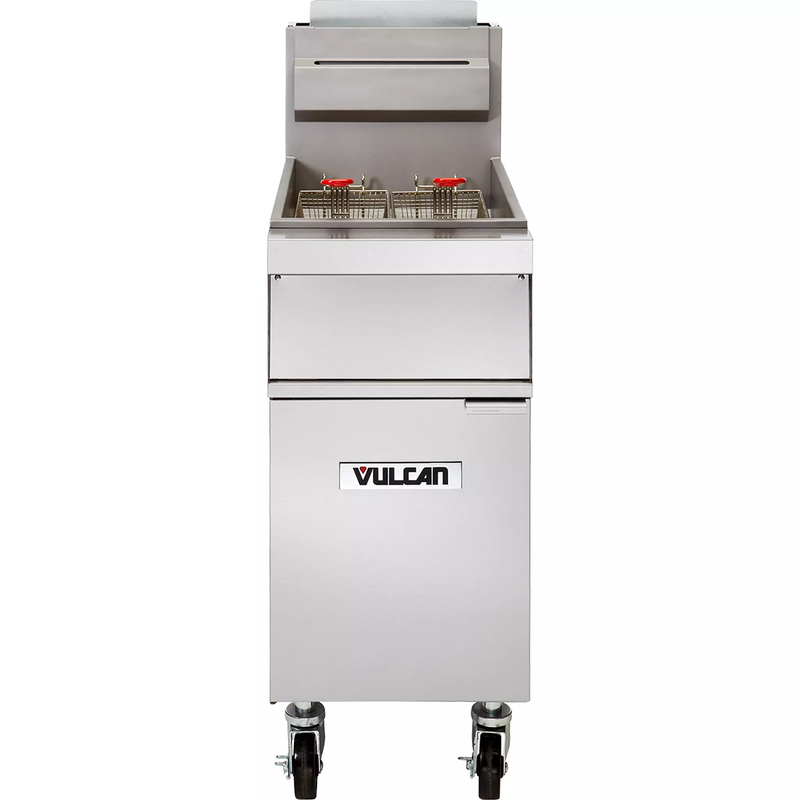 Vulcan 1GR85M natural gas/propane 85-90 lb stainless steel floor fryer with two baskets and door closed, front