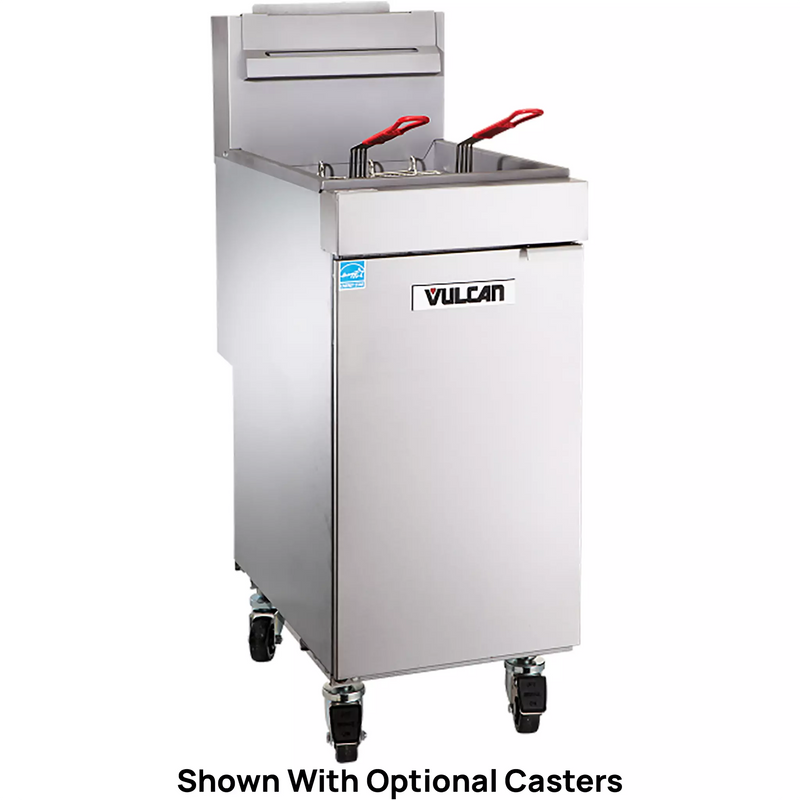 Vulcan 1VEG35M high efficiency natural gas 35-40 lb stainless steel floor fryer, angled view with optional casters
