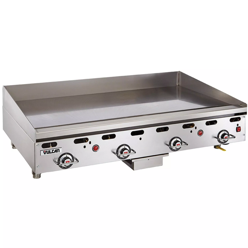 Vulcan 900RX series gas thermostatic griddle, stainless steel countertop unit with grease trough, angled view