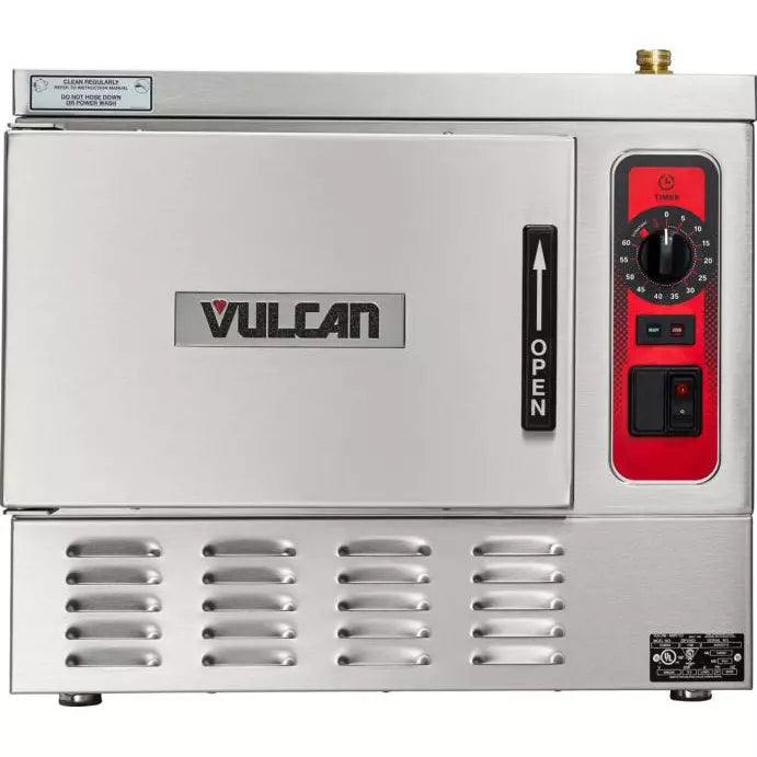 Vulcan C24EA series electric countertop steamer, stainless steel cabinet with red timer controls, shorter size