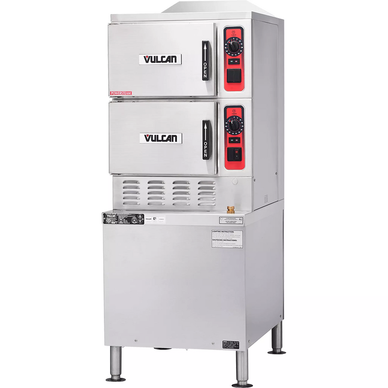 Vulcan C24GA floor model gas steamer, two stainless steel steam compartments on cabinet base, angled right view