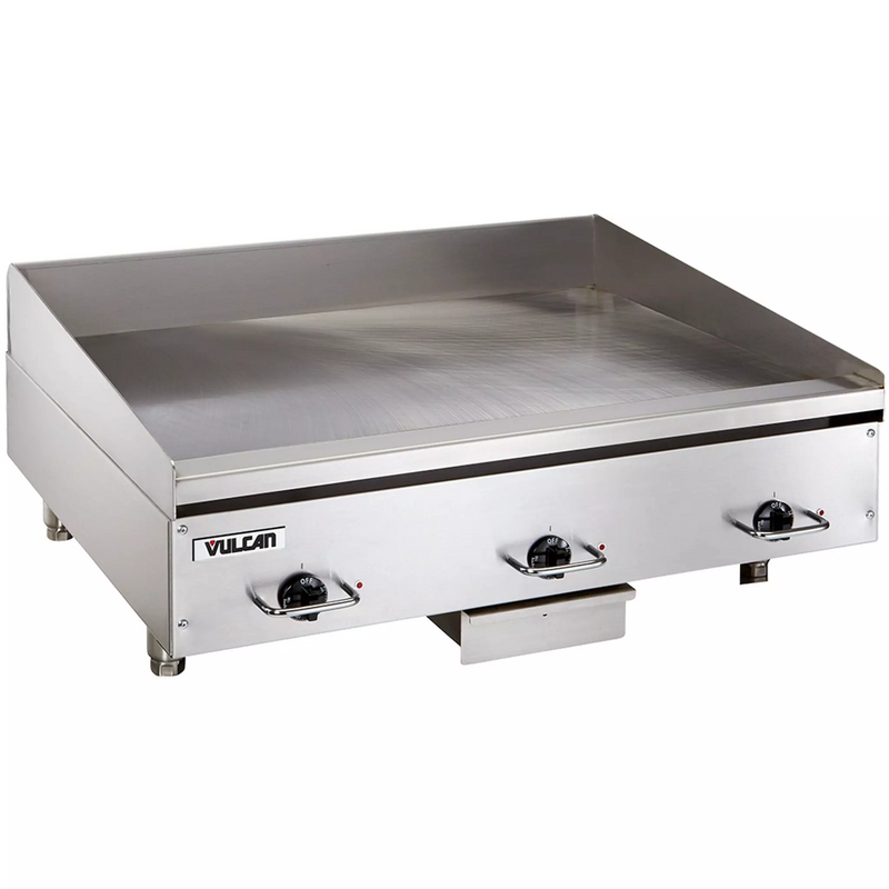Vulcan HEG-E series heavy duty electric griddle, 24 inch deep stainless steel countertop unit, angled view