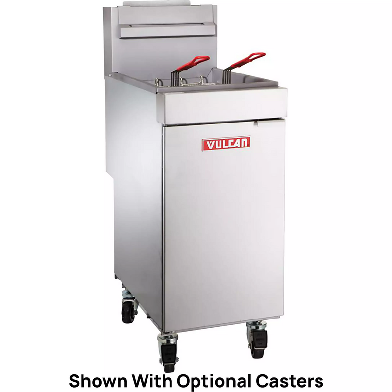 Vulcan LG300 natural gas/propane 40 lb stainless steel floor fryer with two baskets, angled view with casters