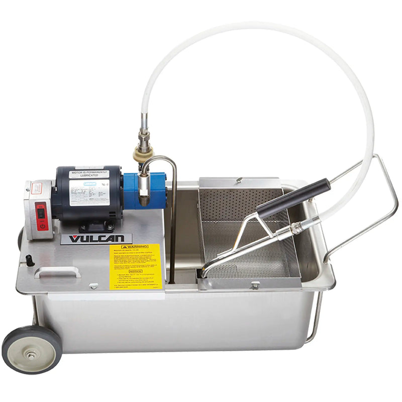 Vulcan MF-1 mobile fryer oil filter, stainless steel pan on wheels with pump motor and return hose, side view