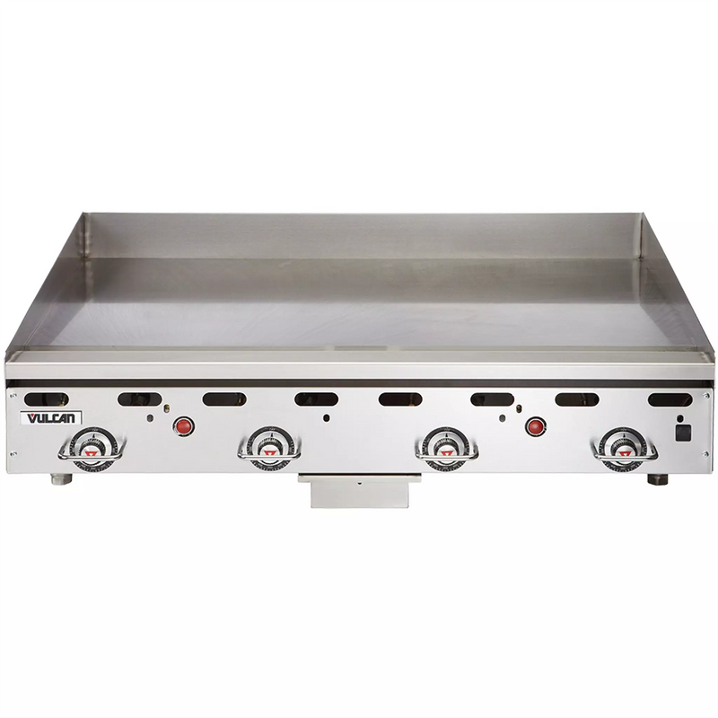 Vulcan MSA series gas thermostatic griddle, 24 inch deep stainless steel countertop unit with four controls